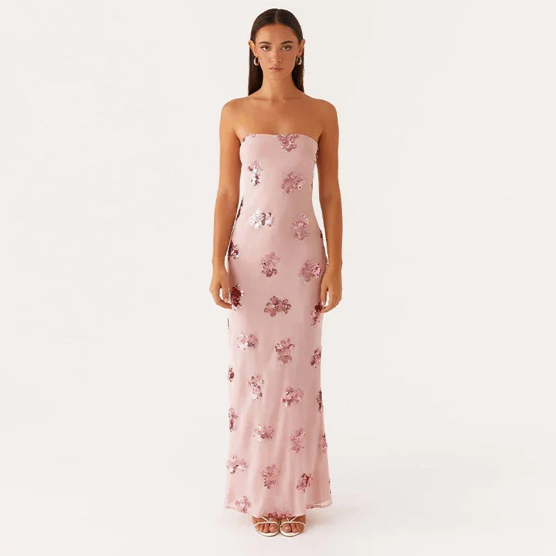 Sequin Backless Long Halter Dress - Piña Colada