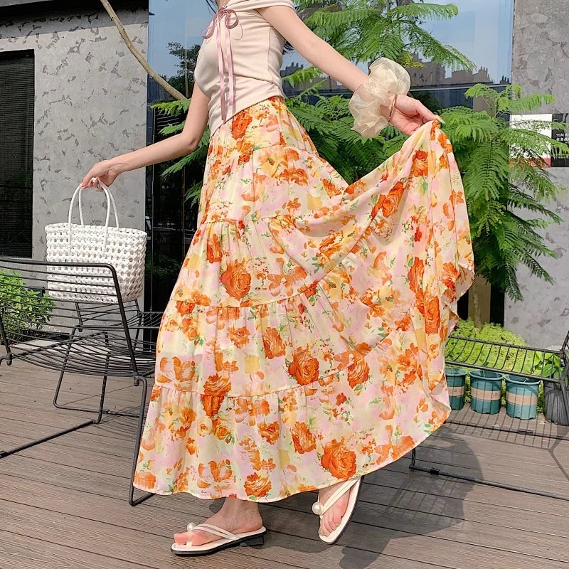Summer Chiffon Mid-Length Skirt - Piña Colada