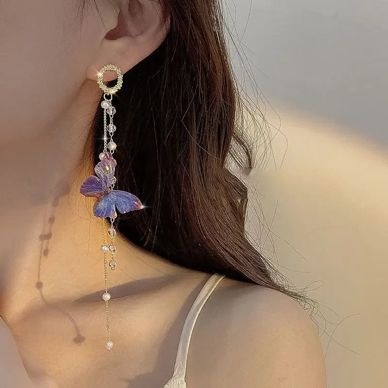 Zircon Crystal Pearls Long Tassel Butterfly Earrings - Piña Colada