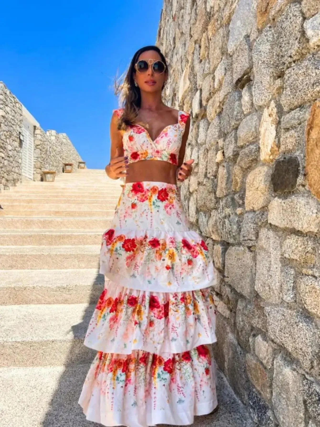 Draped Print V-Neck Maxi Dress – Beachwear Edition - Piña Colada