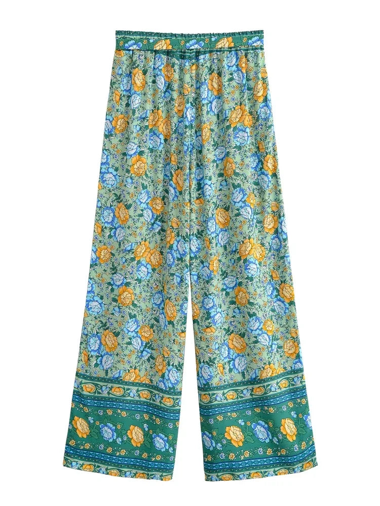Floral Print Bohemian Wide Leg Pant - Piña Colada