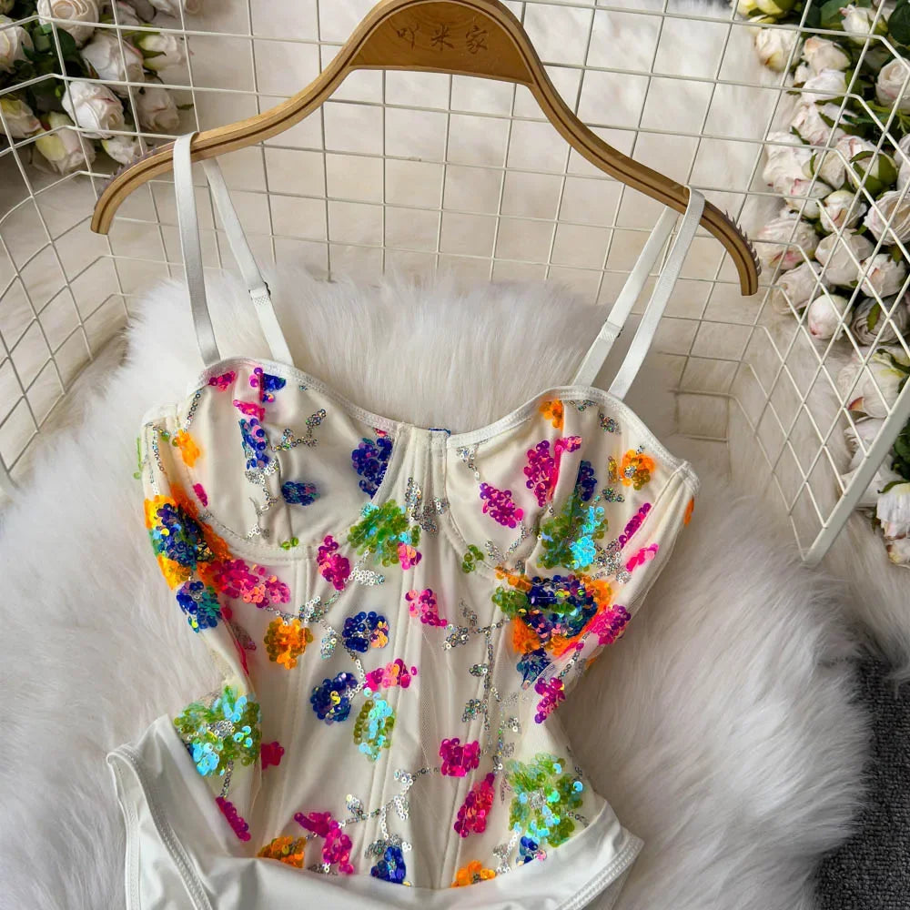 Sequined Slim Fit High-Waist Bodysuit - Piña Colada