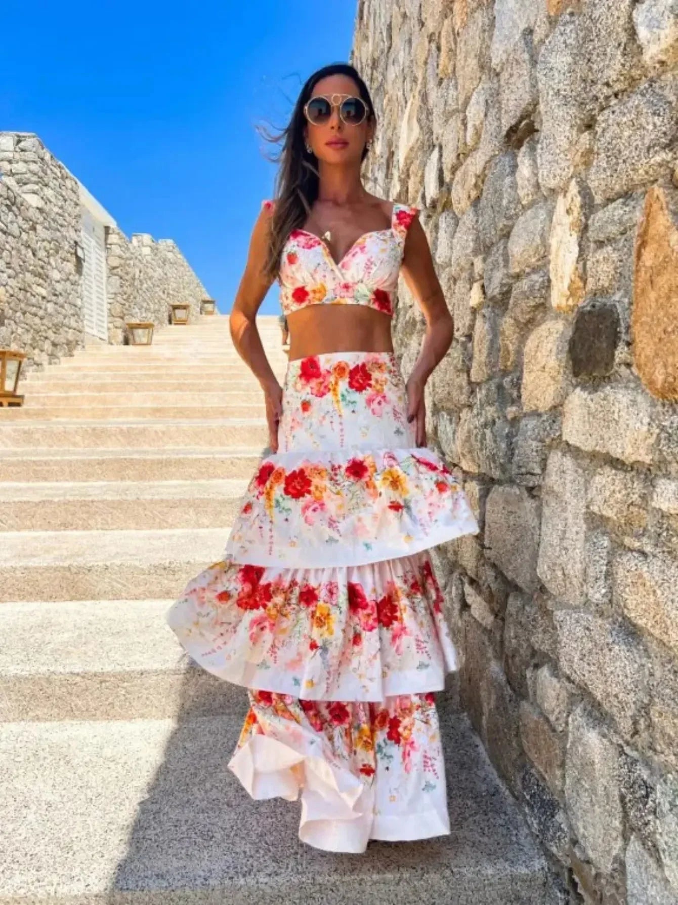 Draped Print V-Neck Maxi Dress – Beachwear Edition - Piña Colada