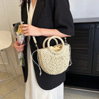 Straw Rattan Half-Moon Beach Handbag - Piña Colada