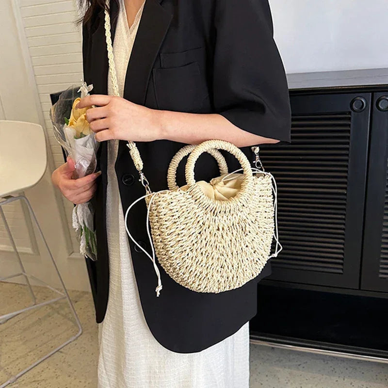 Straw Rattan Half-Moon Beach Handbag - Piña Colada