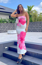 Flower Print Strapless Long Dress - Piña Colada