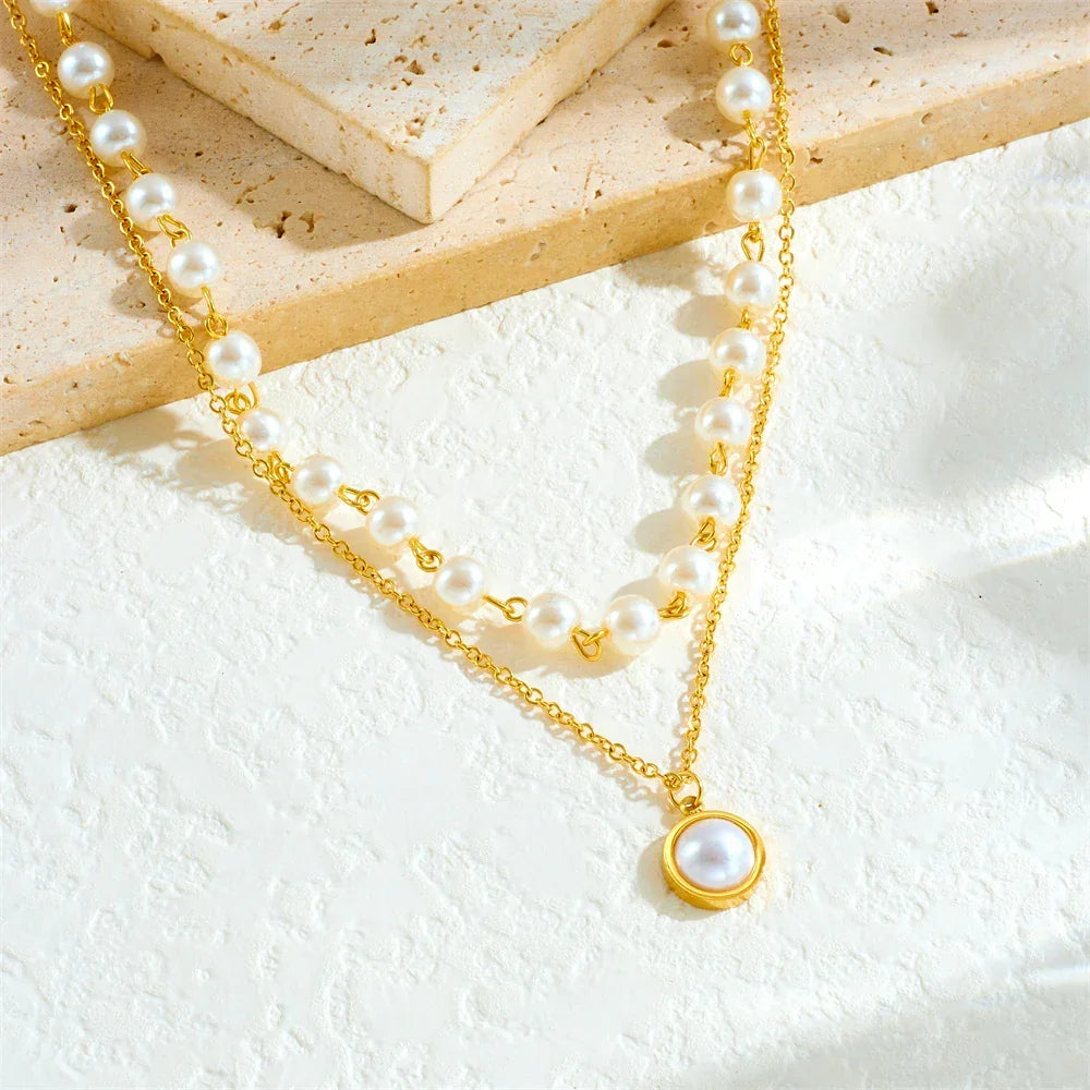 Stainless Steel Golden Round Pearl Pendant - Piña Colada