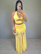 Ruffled Halter Two-Piece Gown Set – Elegant Floor-Length Clubwear - Piña Colada