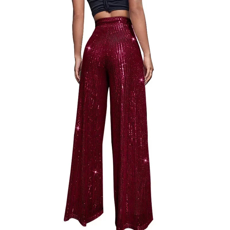 High Waist Loose Sequin Wide Leg Pants - Piña Colada