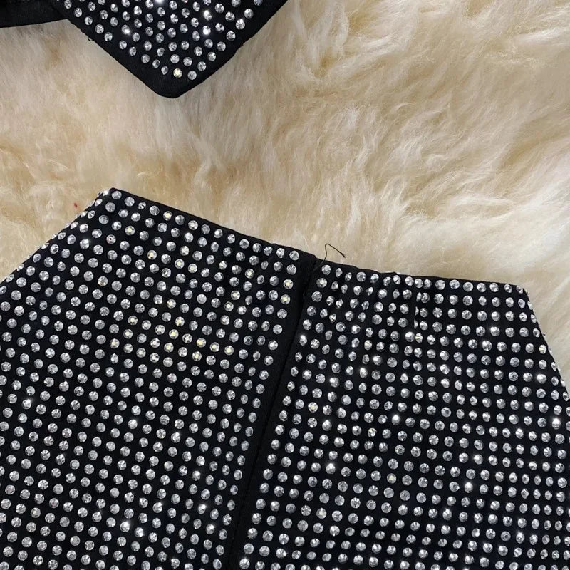 Rhinestone Slash Neck Crop Top & High Waist Pants Set - Piña Colada