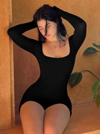 Long Sleeves Backless Solid Lace Up Sexy Slim Skinny Romper - Piña Colada