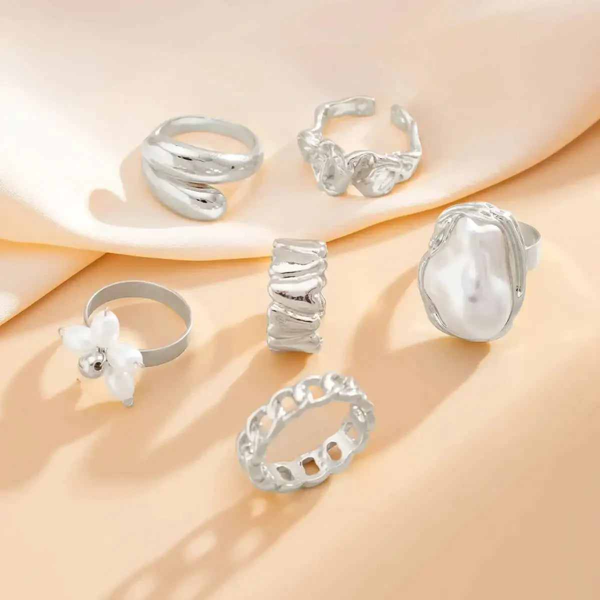 6Pcs/set Pearl Open Irregular Pleated Rings - Piña Colada