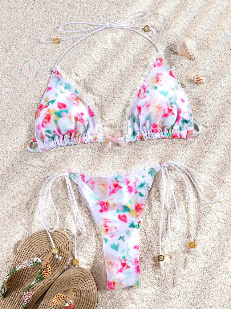 Floral Print Bordered Bikini Set