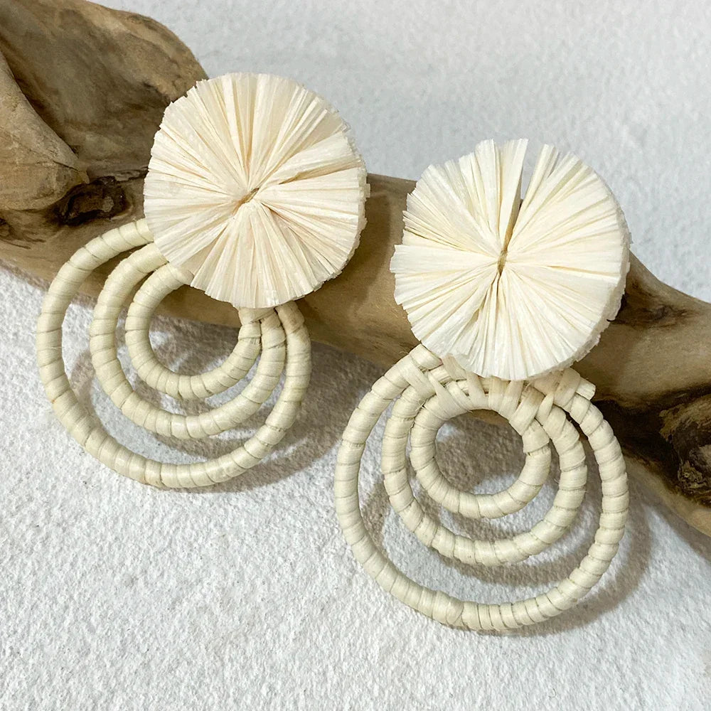Handmade Two Tone Rattan Knit Wrapped Round Drop Earrings for Women - Piña Colada