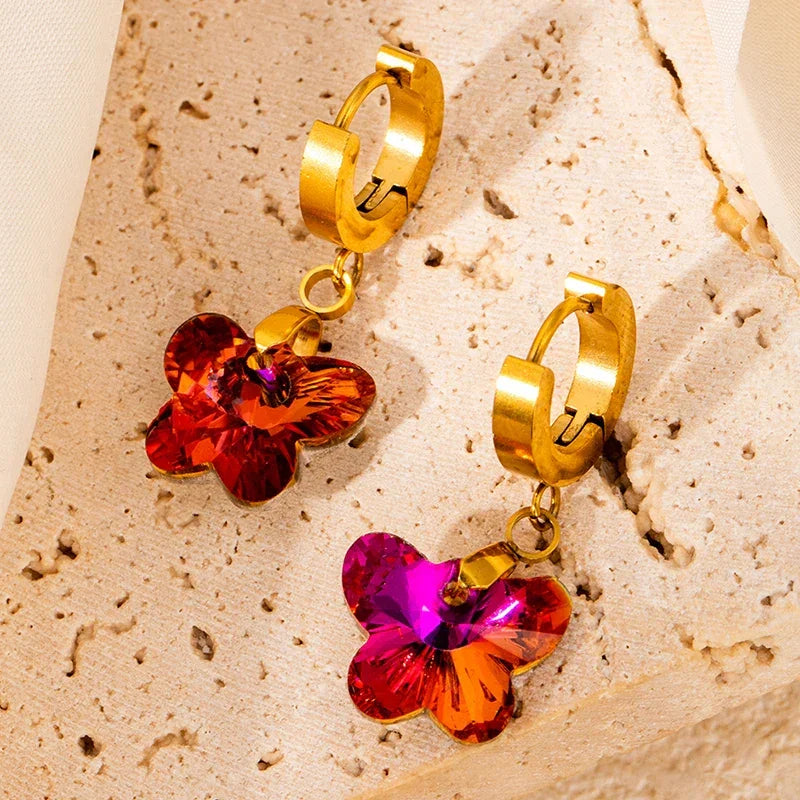 Colorful Crystal Star & Palm Drop Earrings - Piña Colada