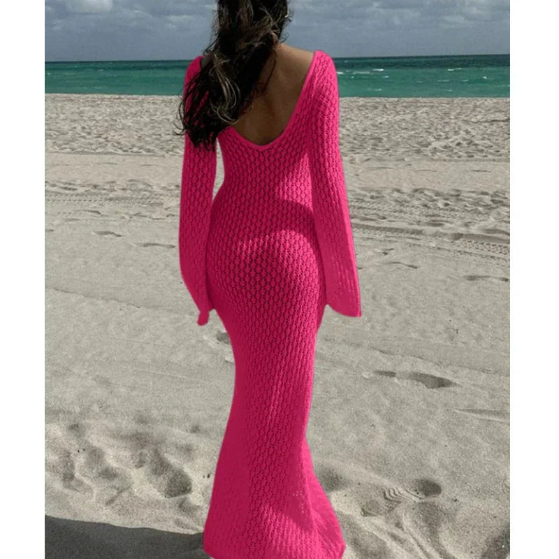 Knitting Hollow Out V-Neck Long Sleeve Dress - Piña Colada