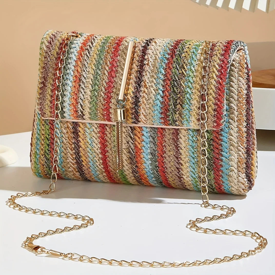 Chic Rainbow Stripe Straw Crossbody - Piña Colada