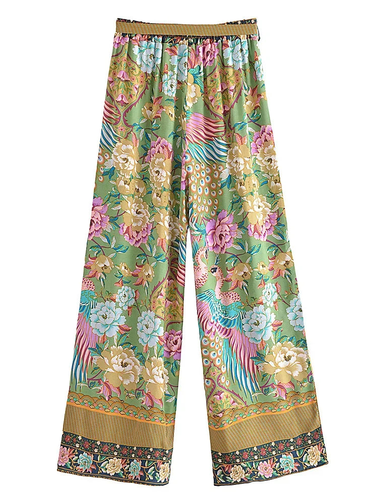 Peacock Floral Print Bohemian Wide Leg Pants - Piña Colada