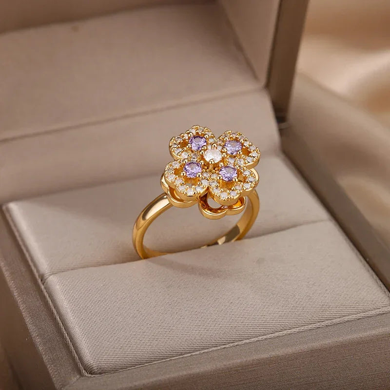 Spinner Zircon Heart Four Leaf Clover Rings - Piña Colada