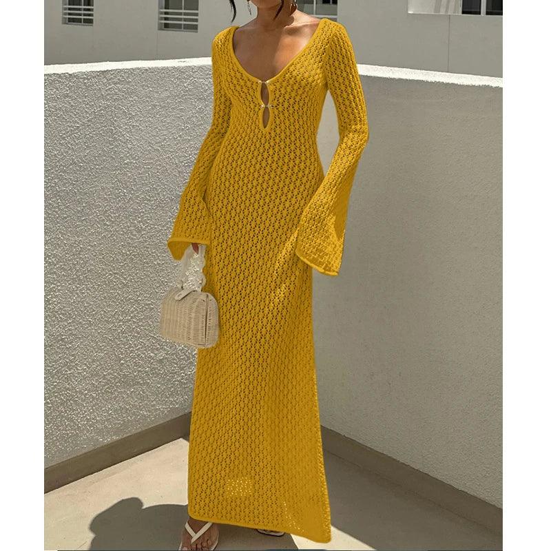 Knitting Hollow Out V-Neck Long Sleeve Dress - Piña Colada