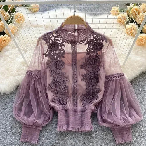 Lace Puff Long Sleeve Blouse Vintage