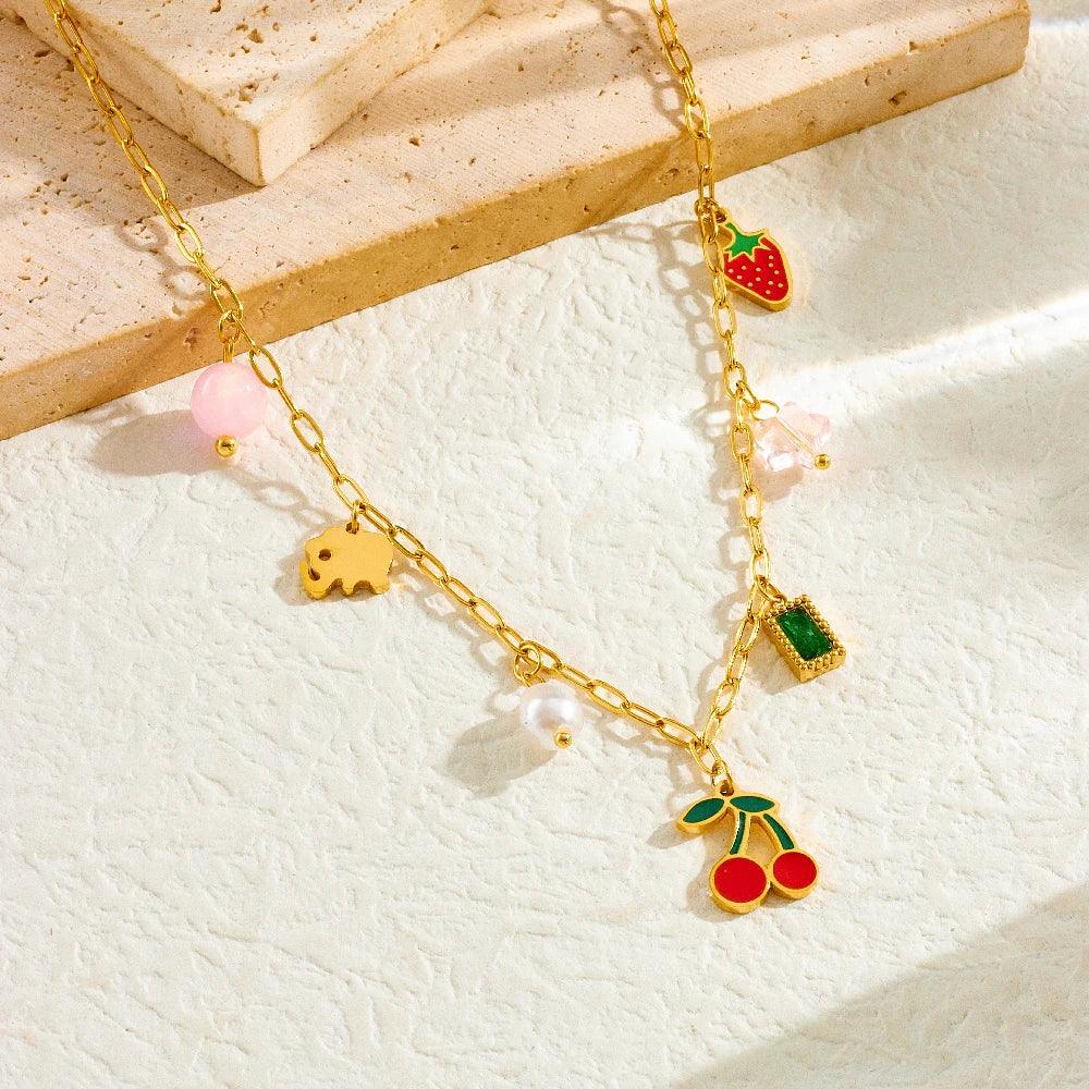 Stainless Steel Pearl Strawberry Necklace - Piña Colada