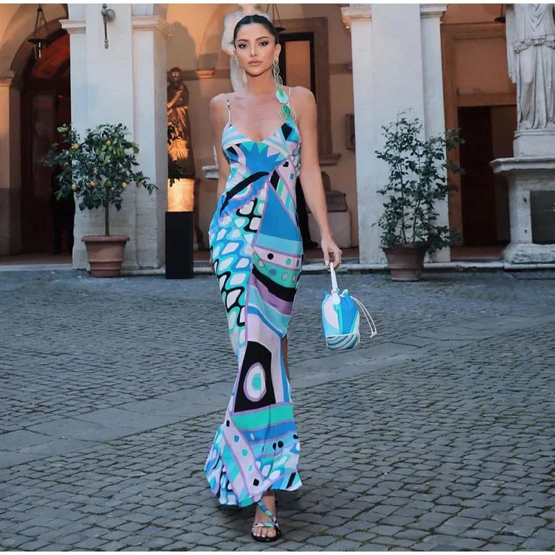 Chic Print Sling Long Dress Women Sleevless Backless - Piña Colada