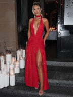 Mozision Sequin V-Neck Floor-Length Dress – Sexy & Club Evening Gown - Piña Colada