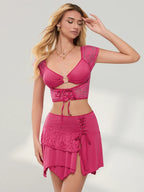 Velvet Crop Top & Mini Skirt Set Outfit - Piña Colada