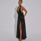 Halter Backless Silk V-neck Dress - Piña Colada