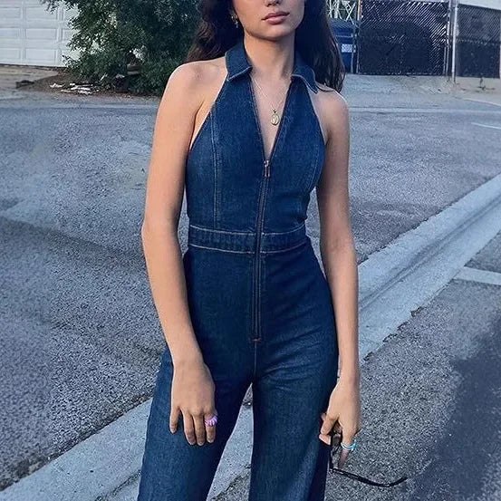 Slim Fit High Waist Denim Jumpsuit - Piña Colada