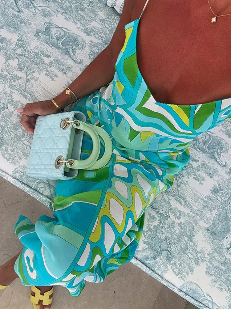 Chic Print Sling Long Dress Women Sleevless Backless - Piña Colada