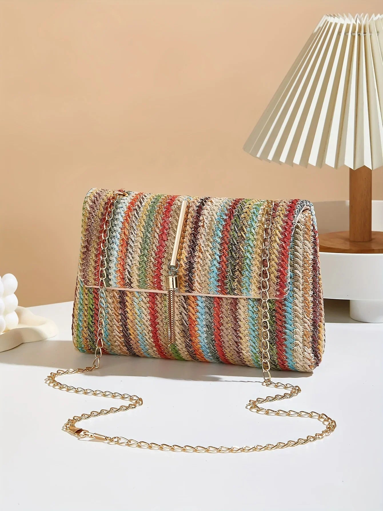 Chic Rainbow Stripe Straw Crossbody - Piña Colada
