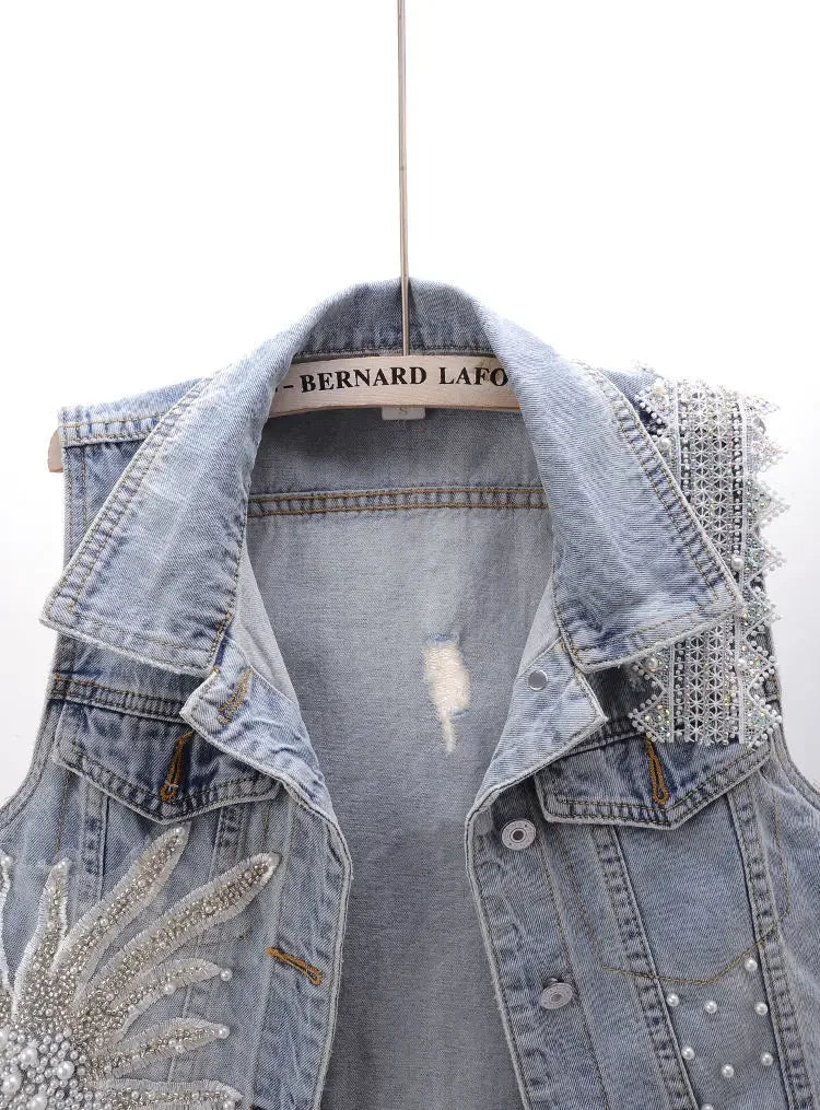 Beaded Lace Denim Vest - Piña Colada