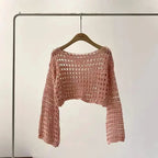 Boho Crochet Hollow-Out Knit Top – Y2K Style Long Sleeve Pullover - Piña Colada