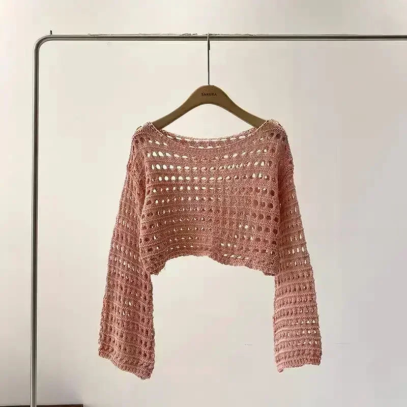 Boho Crochet Hollow-Out Knit Top – Y2K Style Long Sleeve Pullover - Piña Colada