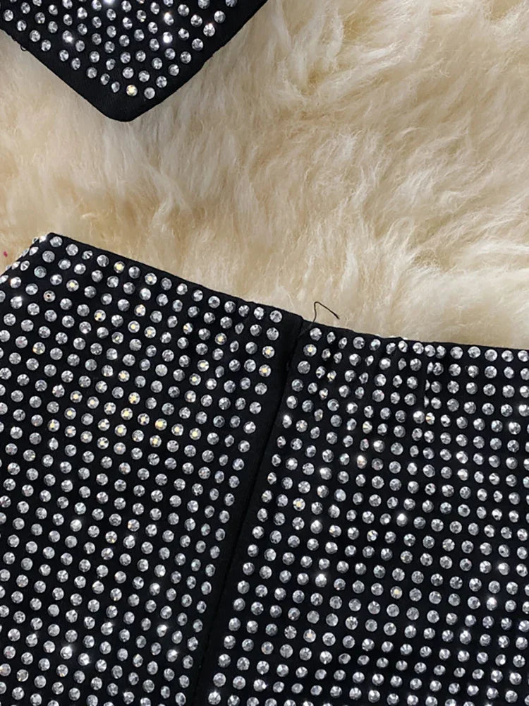 Rhinestone Slash Neck Crop Top & High Waist Pants Set - Piña Colada