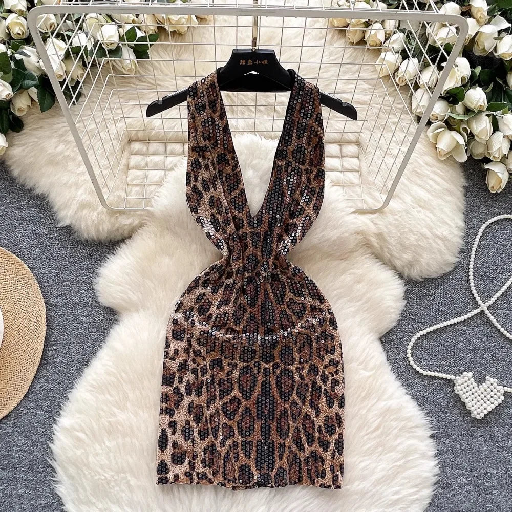 Deep V-neck Leopard Dress - Piña Colada