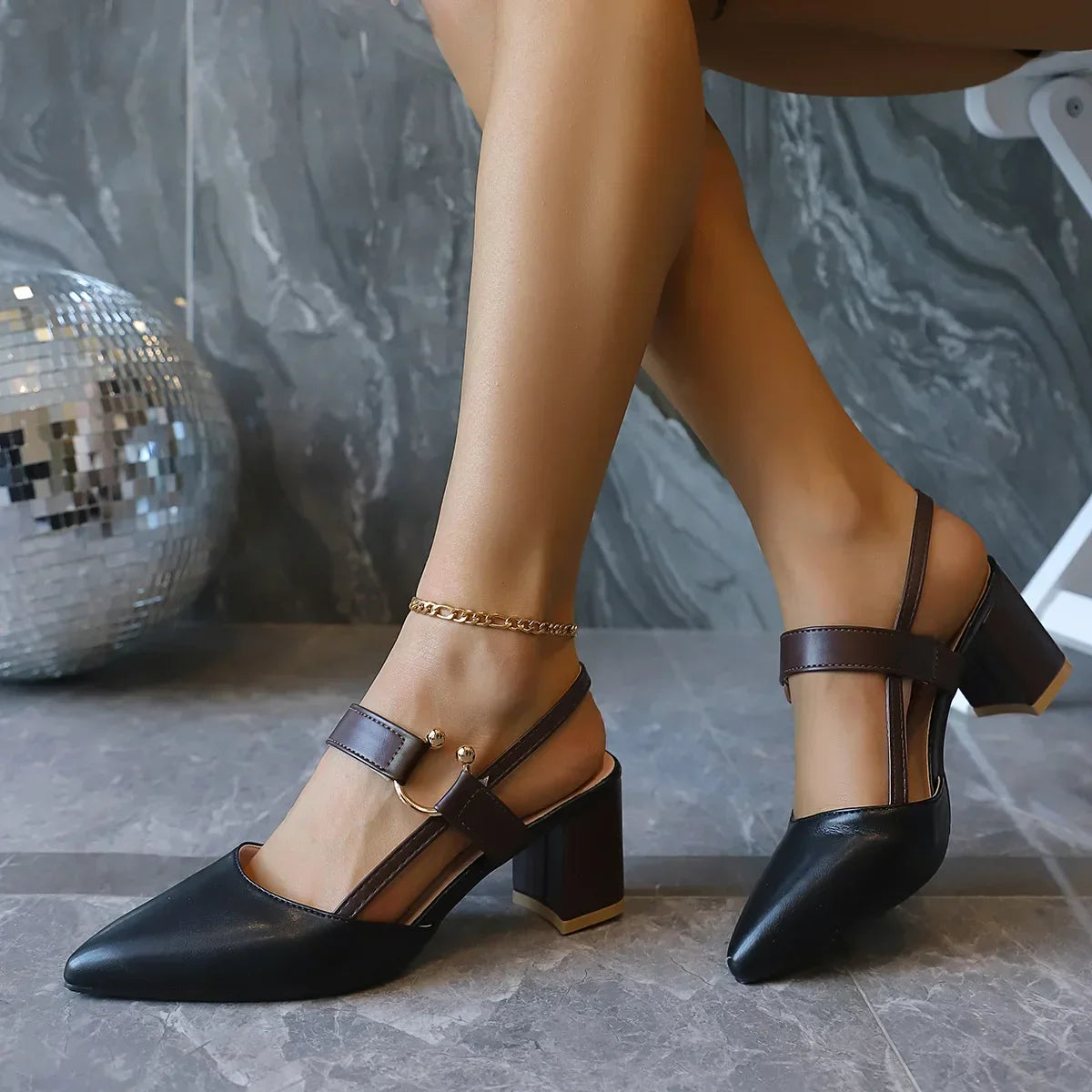 Elegant Pointed Toe Chunky Heel Sandals - Piña Colada