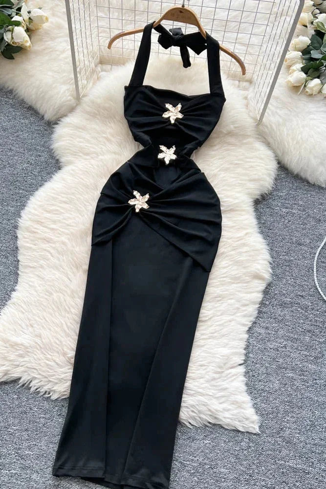 Halter Party Dress Sleeveless Metal 3D Flower - Piña Colada