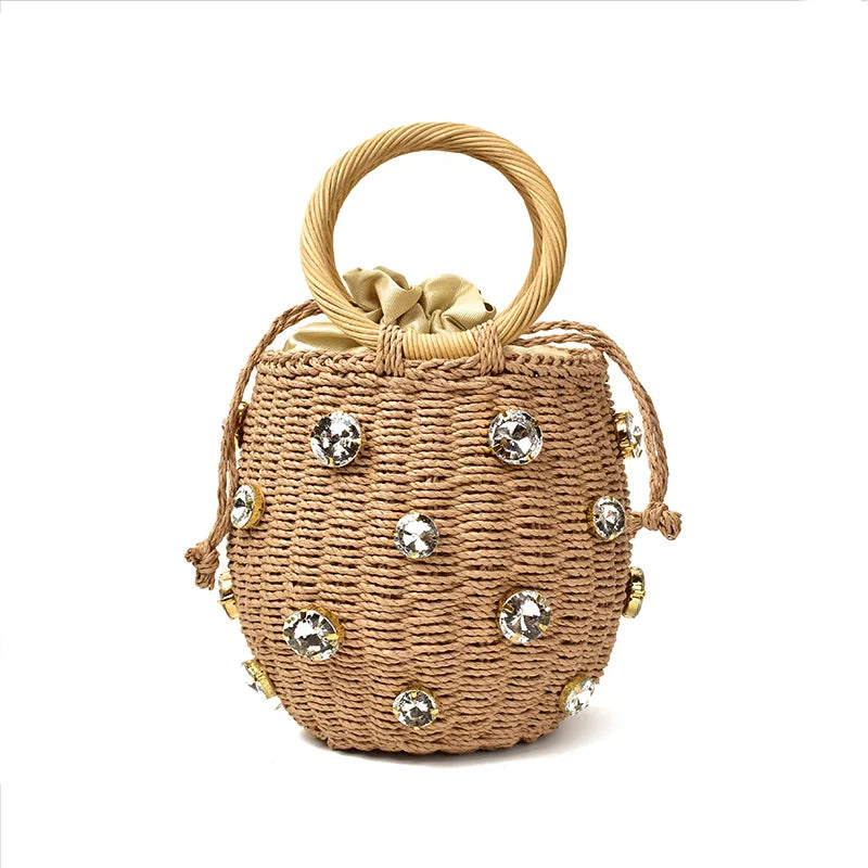 Embellished Straw Bucket Bag