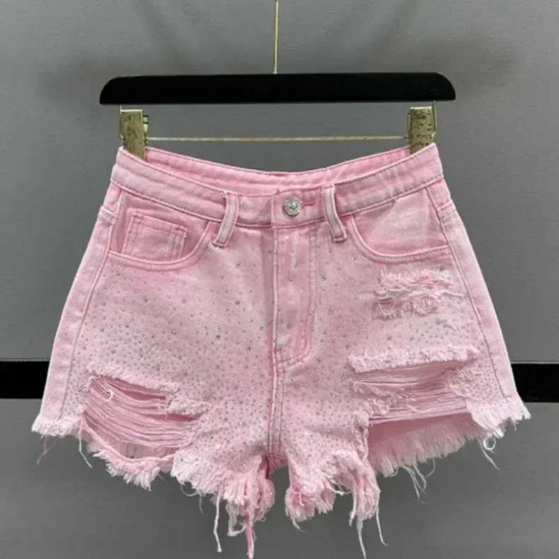 High Waist Polka Dot Denim Shorts - Piña Colada