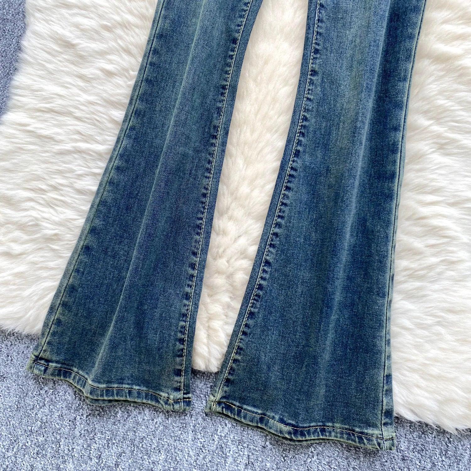 High-Waisted Flared Denim Pants with Faux Zippers – Streetwear Style - Piña Colada