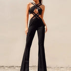Backless Hollow Out Jumpsuit – Sleeveless Flare-Leg Romper with Fitted Waist - Piña Colada