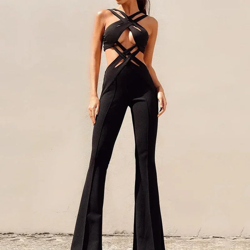 Backless Hollow Out Jumpsuit – Sleeveless Flare-Leg Romper with Fitted Waist - Piña Colada