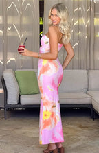 Flower Print Strapless Long Dress - Piña Colada