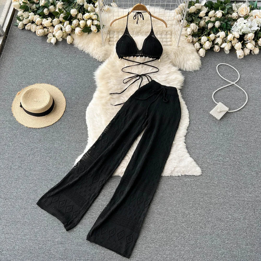 Backless Knit Crop & Wide-Leg Pants Set - Piña Colada
