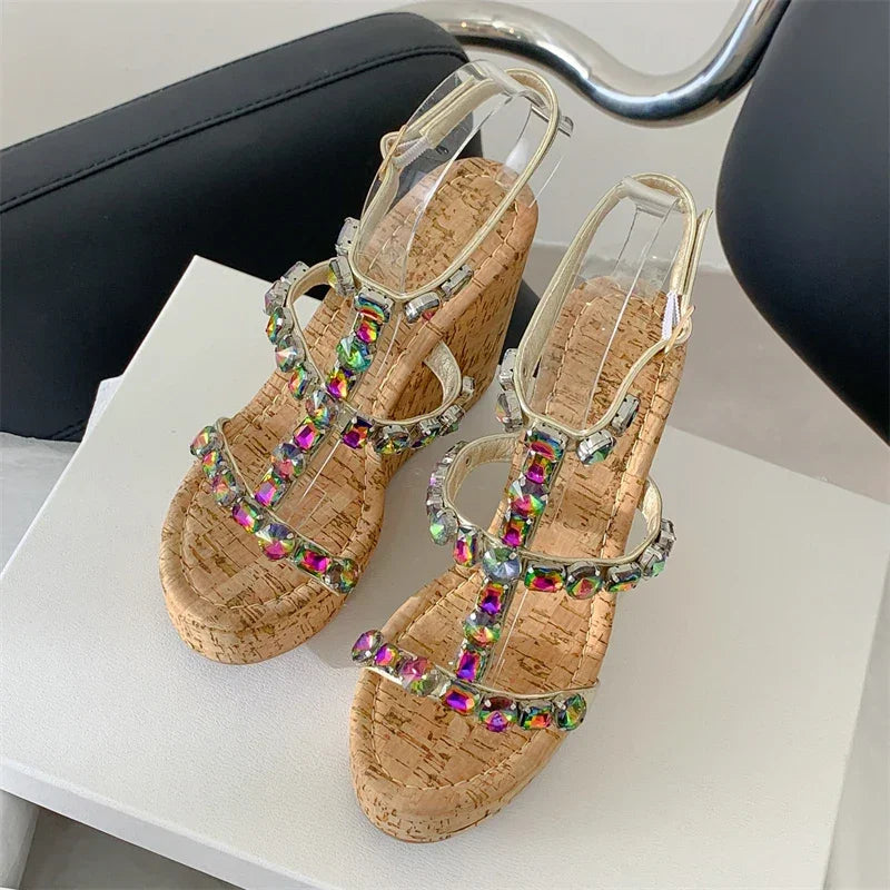 Crystal Buckle Strap Platform Wedge Sandals – Elegant Chunky Heels - Piña Colada