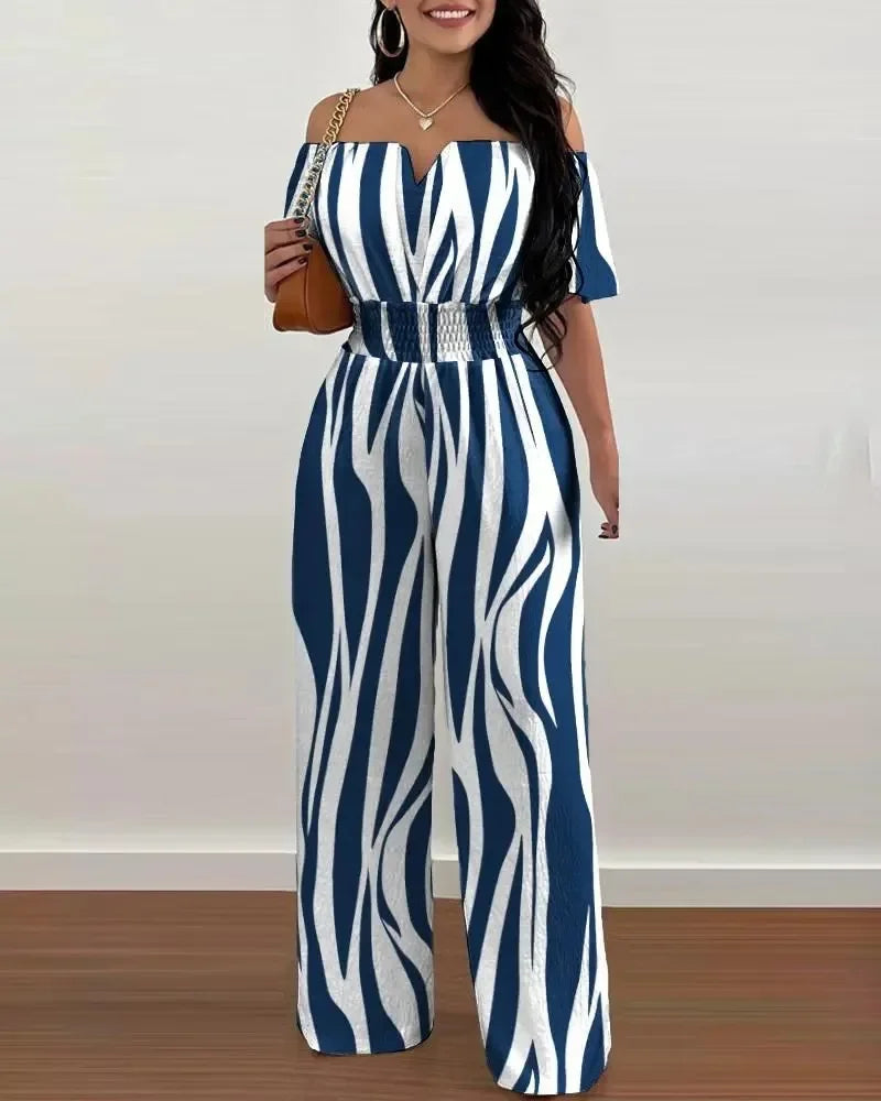 Print Wide Leg Jumpsuits Off-shoulder - Piña Colada