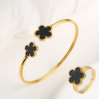 Lucky Stainless Steel Five Leaf Flower Bangle Ring - Piña Colada